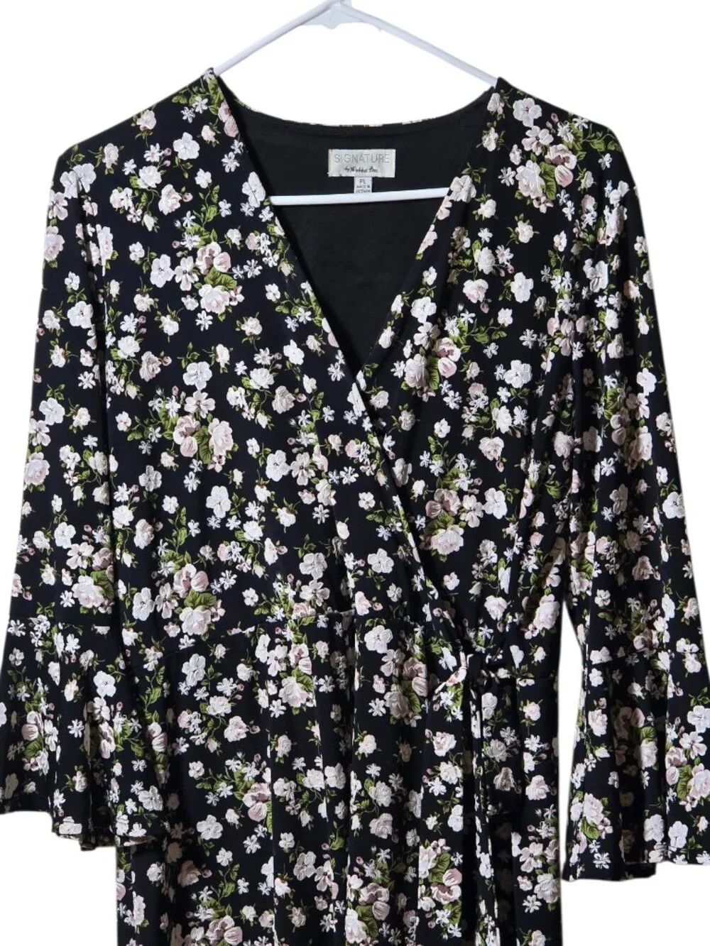 Signature by Robbie Bee PL Black Floral Faux Wrap Dress Petite Large Ruffle Hem